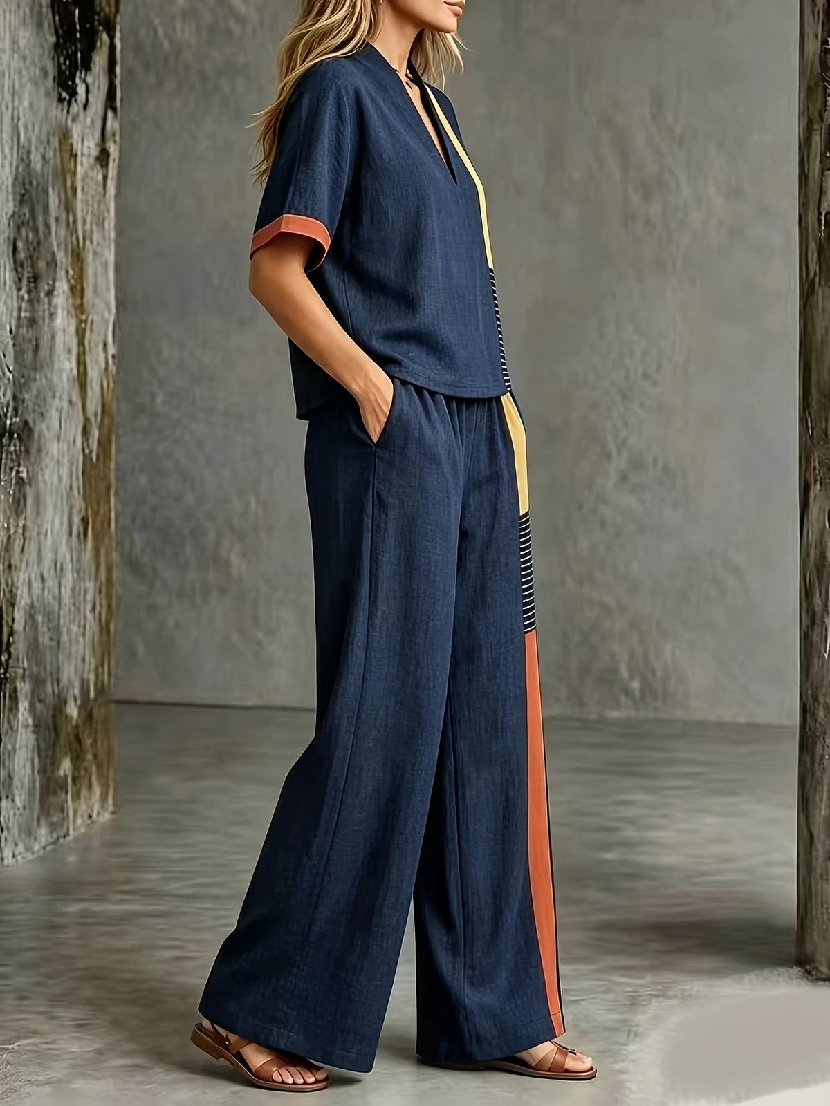 2026 Black, Yellow, and Orange Color Block Patchwork Set: Short Sleeve V-Neck Top + Wide-Leg Long Pants, Summer Vintage Casual 2pcs Set - Navy blue color