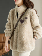 Solid Color Zipper Plush Jacket - Khaki
