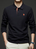 [Saa Xing OBM] 1pc Spring/Autumn New Men'S Polo Shirt, Solid Color Embroidered Half-Button Placket Single-Button Polo Collar Long Sleeve Men'S Fashion Versatile Pullover Base Layer Top, Classic Design, Suitable for Spring, Autumn, Wear - Navy