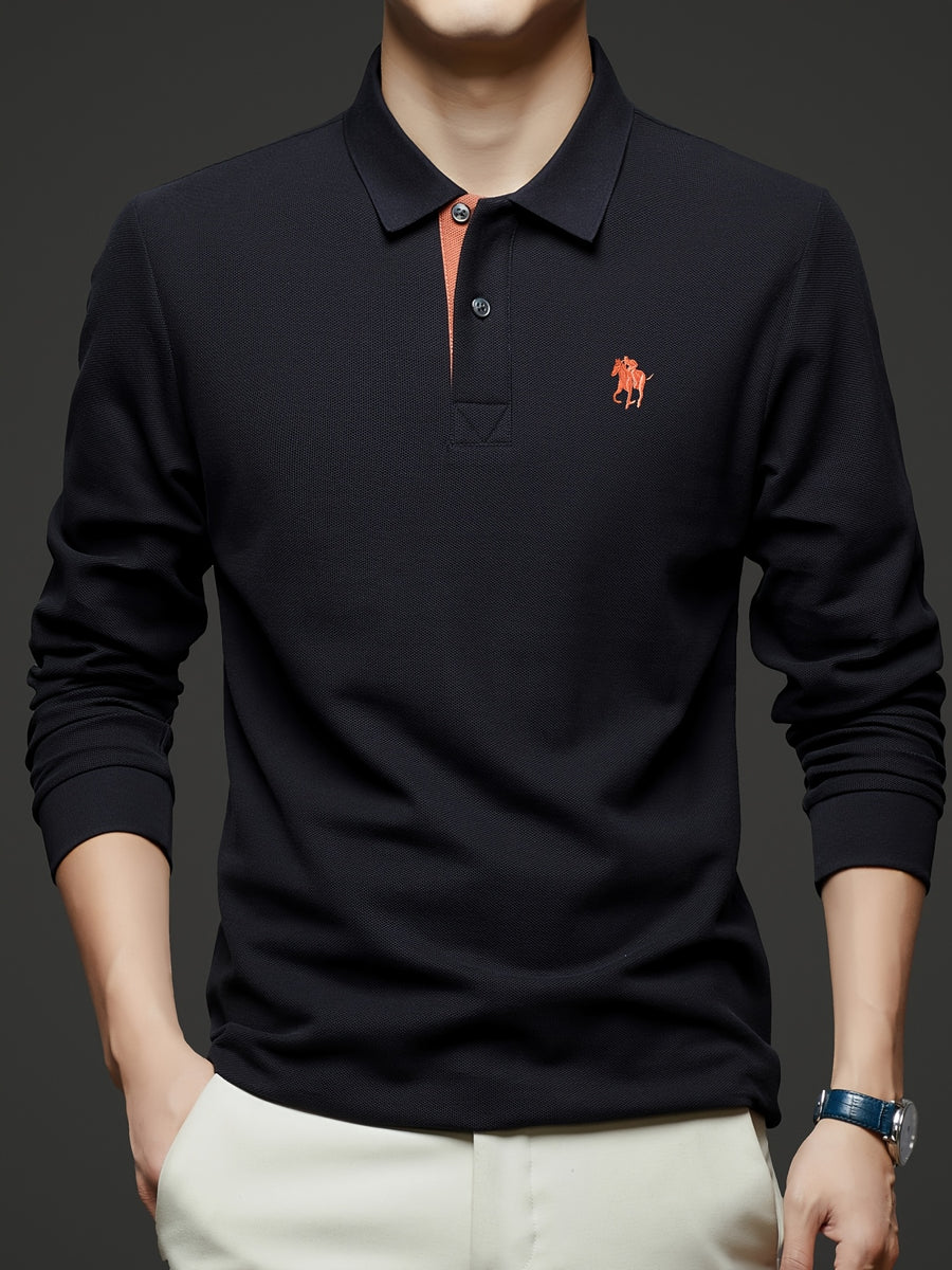 [Saa Xing OBM] 1pc Spring/Autumn New Men'S Polo Shirt, Solid Color Embroidered Half-Button Placket Single-Button Polo Collar Long Sleeve Men'S Fashion Versatile Pullover Base Layer Top, Classic Design, Suitable for Spring, Autumn, Wear - Navy