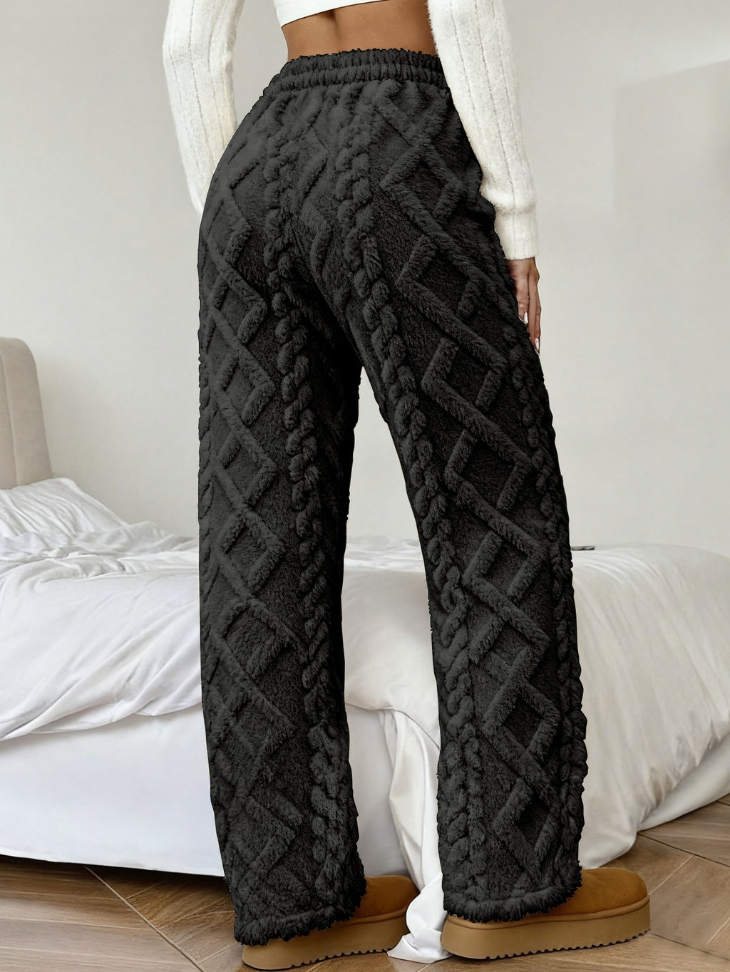 Women's Winter -Lined Casual Pants, Jacquard Fabric, Drawstring Waist, Suitable for Winter Home and Outdoor Wear - Black