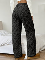 Women's Winter -Lined Casual Pants, Jacquard Fabric, Drawstring Waist, Suitable for Winter Home and Outdoor Wear - Black