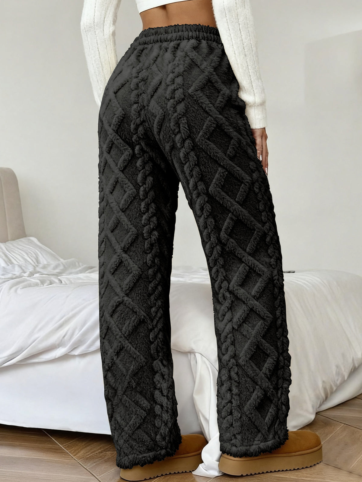 Women's Winter -Lined Casual Pants, Jacquard Fabric, Drawstring Waist, Suitable for Winter Home and Outdoor Wear - Black