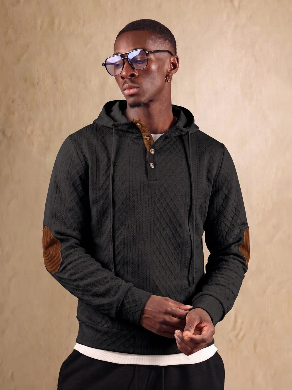 1 Men's Fashionable Casual Hooded Sweatshirt | High-End Skin-Friendly Soft Textured Jacquard Fabric | Hooded Button Design | Breathable and Warm | for Indoor Gatherings and Outdoor Sports | Wardrobe Essential for Casual Vacation Style | Suitable - Black