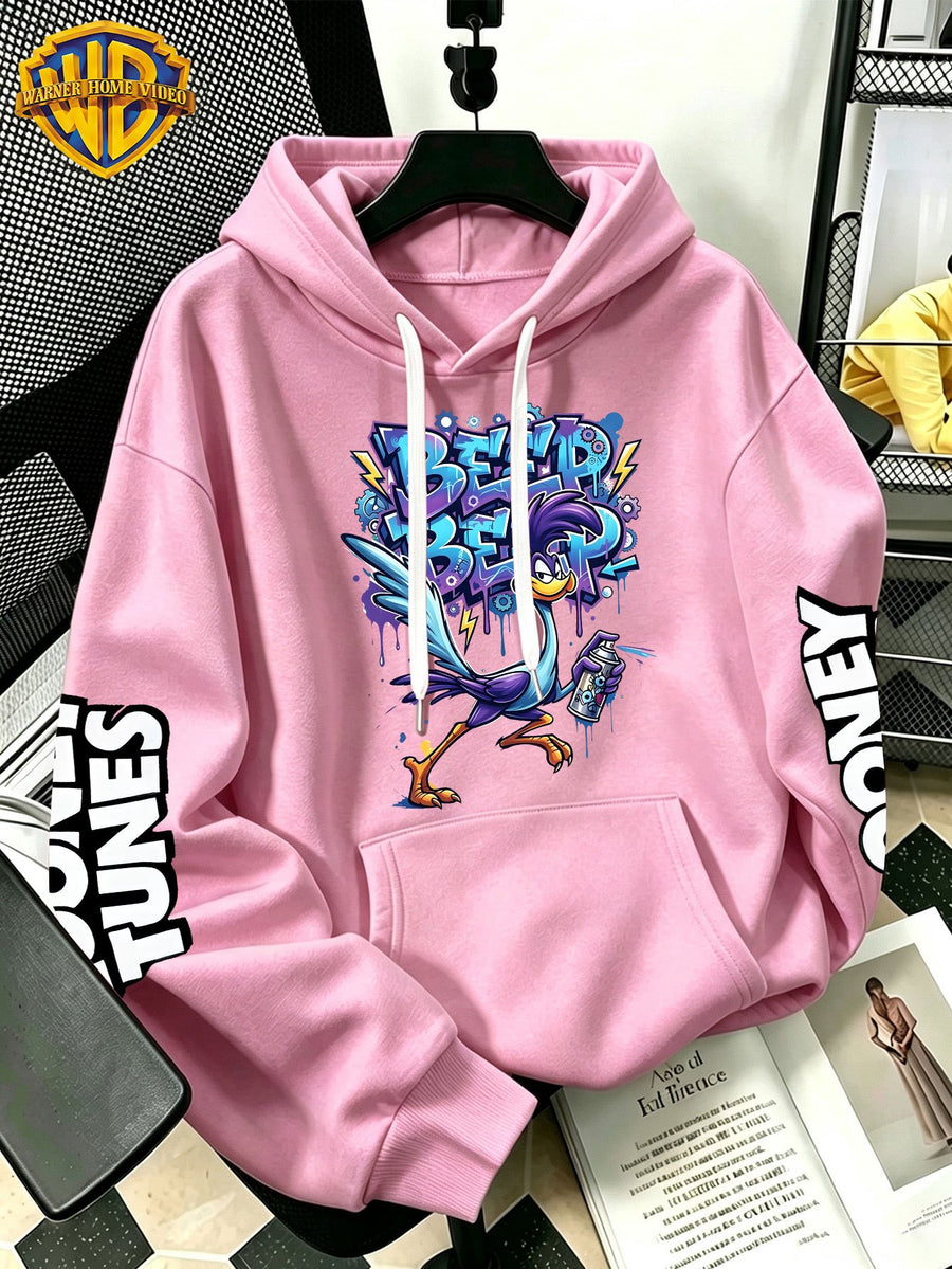 WB Warner Bros Official Men's & Women's Cyber Graffiti Runaway Bird Hoodie - Iconic WB Print Sweatshirt, Adjustable Hood, Loose Fit Warm Pullover for Fall/Winter, Machine Washable Suitable for Daily Wear & Outdoor Sports - Pink Color