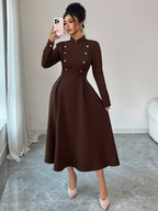Women's Spring and Autumn Elegant Commuter Fashion Double-Breasted Decorative Long Sleeve Waist-Cinching Long Dress - Dark Coffee Color