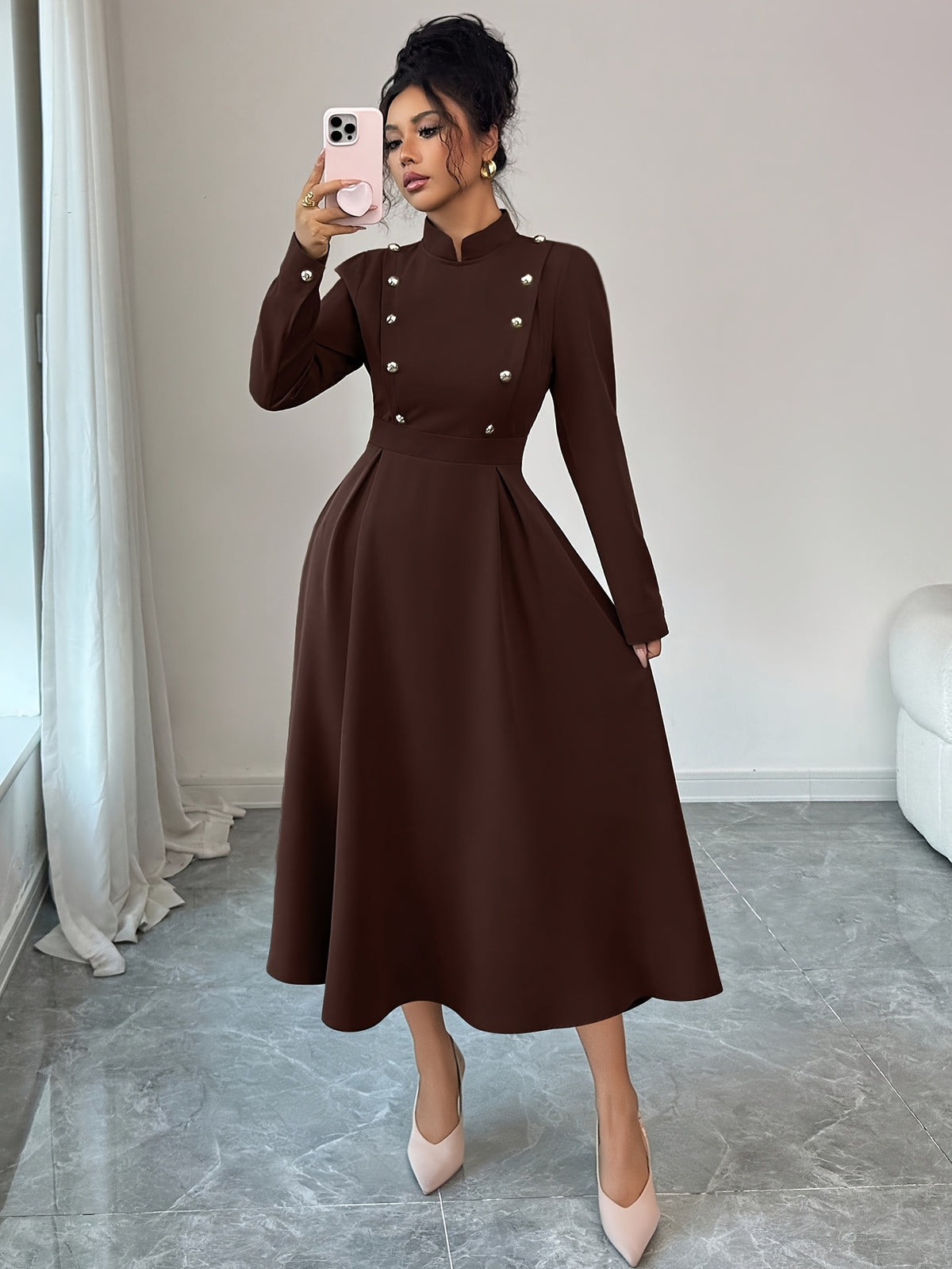 Women's Spring and Autumn Elegant Commuter Fashion Double-Breasted Decorative Long Sleeve Waist-Cinching Long Dress - Dark Coffee Color