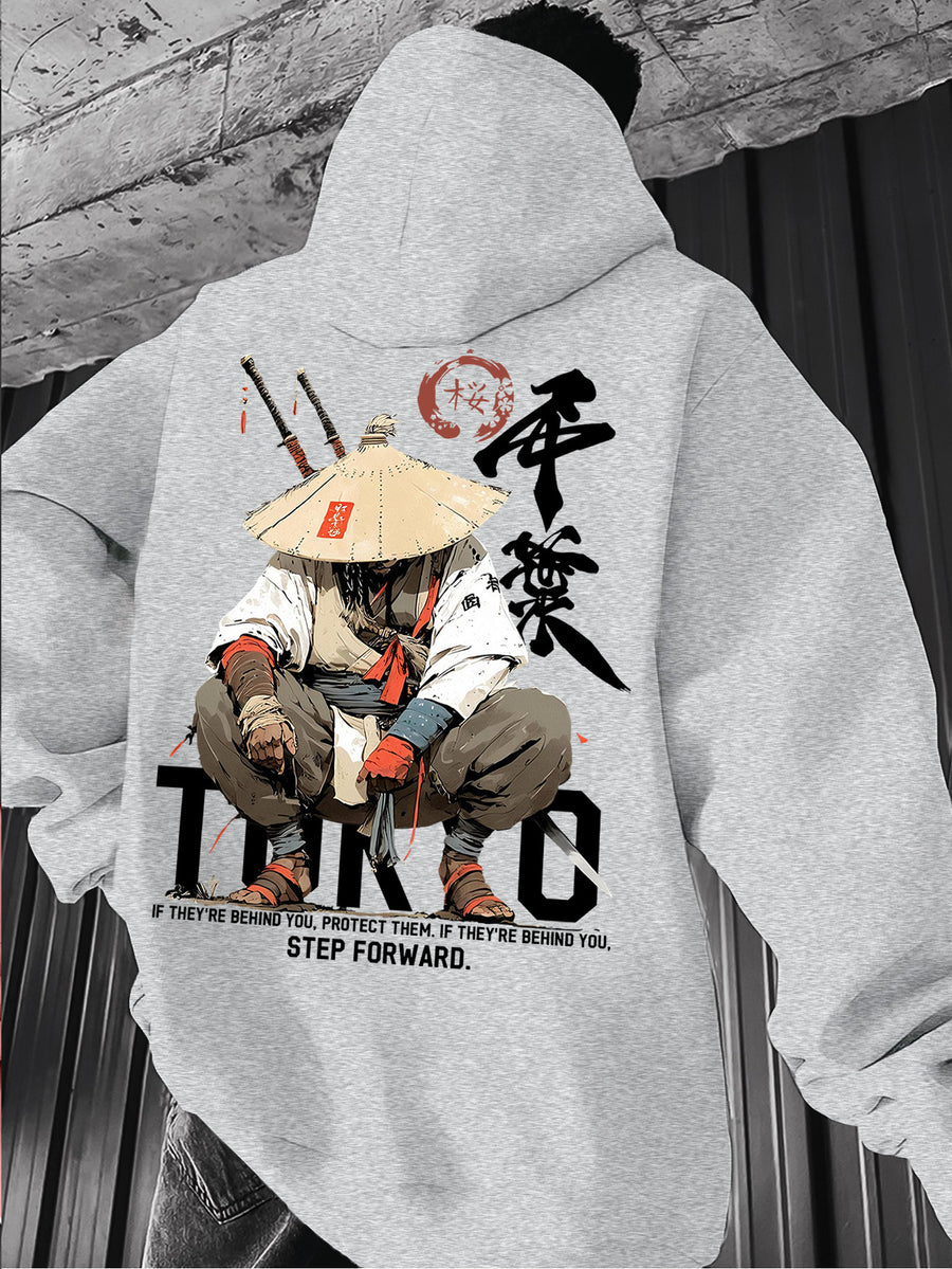 Men's Japanese Ronin Kendo Samurai Hooded Sweatshirt, Printed Hoodie, Trendy Streetwear Vintage Versatile Heavyweight Sweatshirt, Autumn Essentials - Light Grey