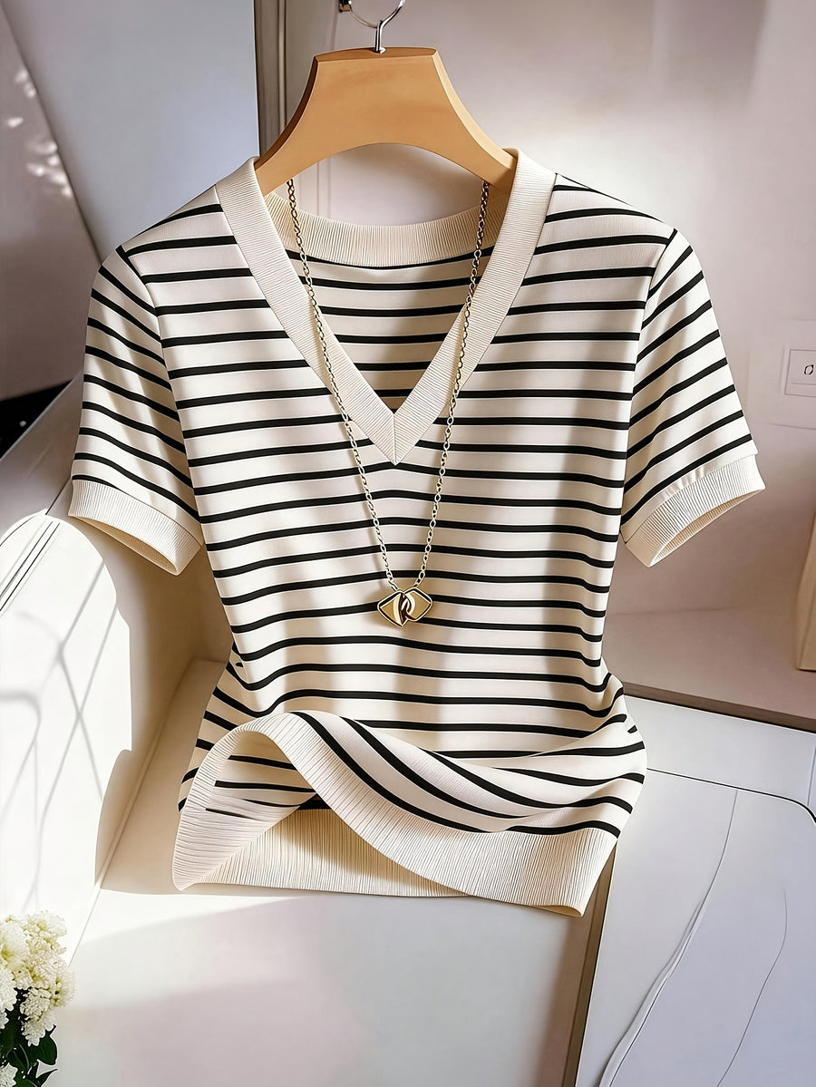 Women's Elegant V-Neck Striped T-Shirt - Soft Medium-Stretch Suitable for - Casual Blouse Striped Top, Machine Washable Non-Sheer V-Neck Shirt for Office, Layering & Casual Attire (Year-Round Wardrobe Essential) - Apricot