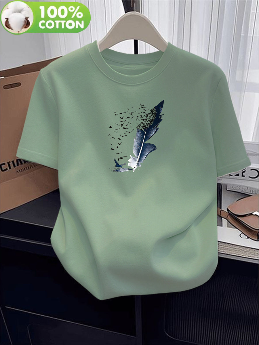 100% Women's T-Shirt, Summer Short-Sleeve Lightweight Top, Trendy and Fashionable Standard Fit, Casual and Versatile, Breathable and Comfortable, Pattern with Flying Bird Elements, Simple, Elegant, and Full of Personality - Green
