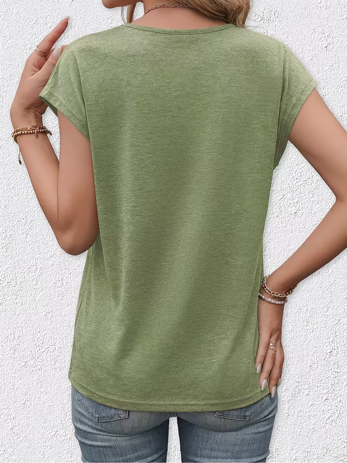 New Summer Women's V-Neck Fake Button Covered Sleeve T-Shirt, Solid Color Casual Top, Machine Washable - Suitable for Daily and Home Wear - Grass Green