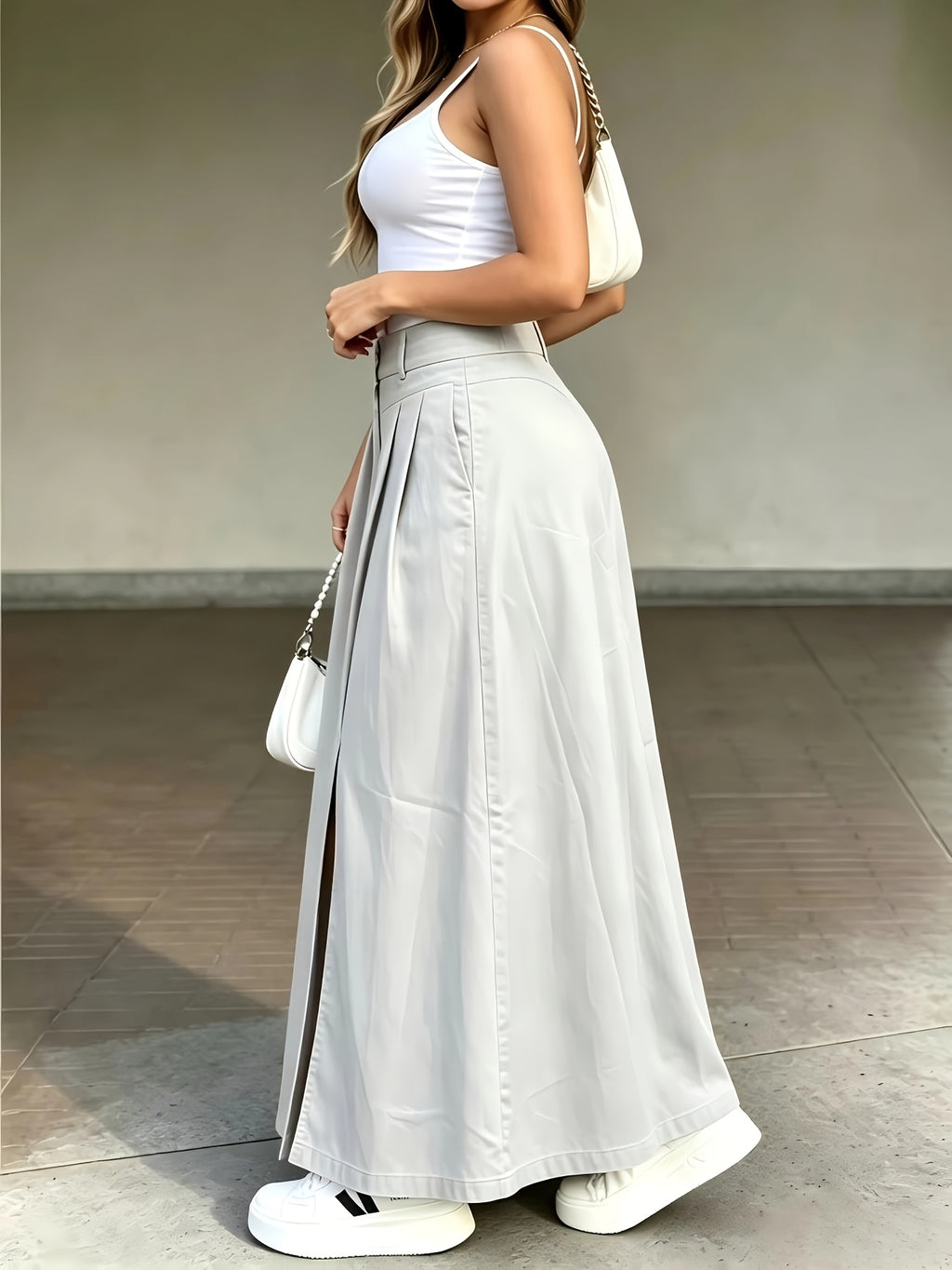 Women's High-Waist Midi Casual Loose Skirt - Light Grey