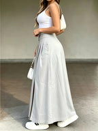 Women's High-Waist Midi Casual Loose Skirt - Light Grey