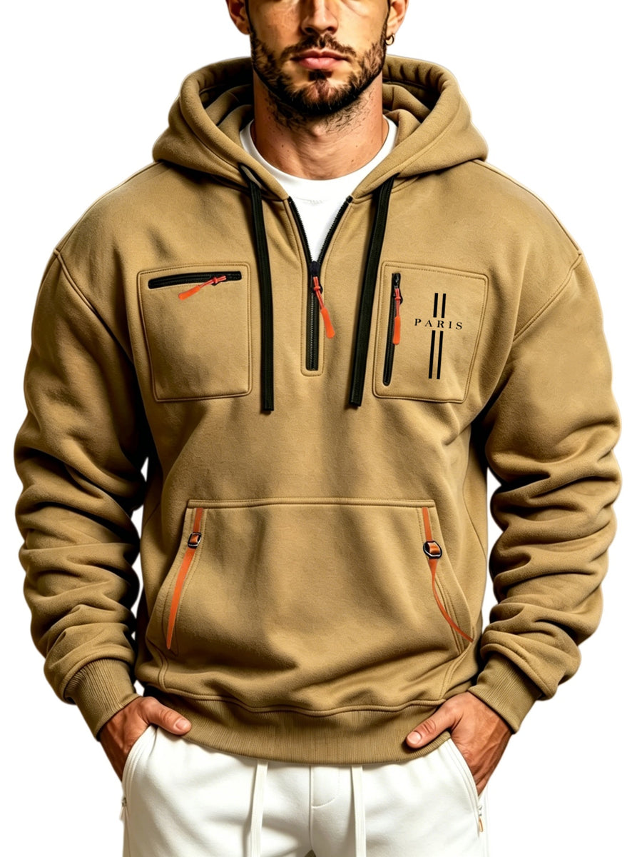 2026 Autumn Winter New Street Men'S Sweatshirt Outdoor Sports Sweatshirt Multi-Pocket Zipper Men'S Casual Print Novelty Hoodie - Khaki