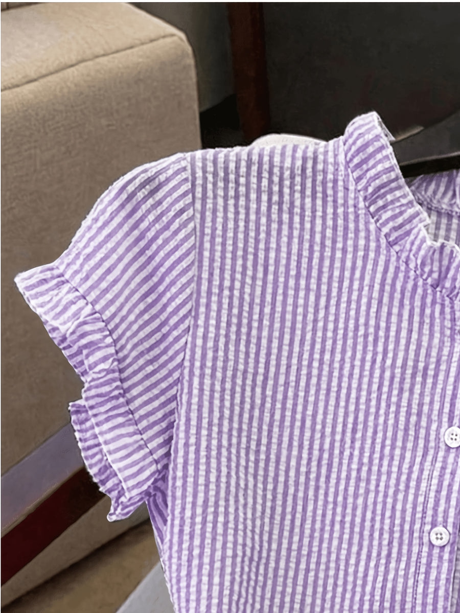 Women's Ruffle Collar Short Sleeve Single-Breasted Striped Shirt, Summer - Violet