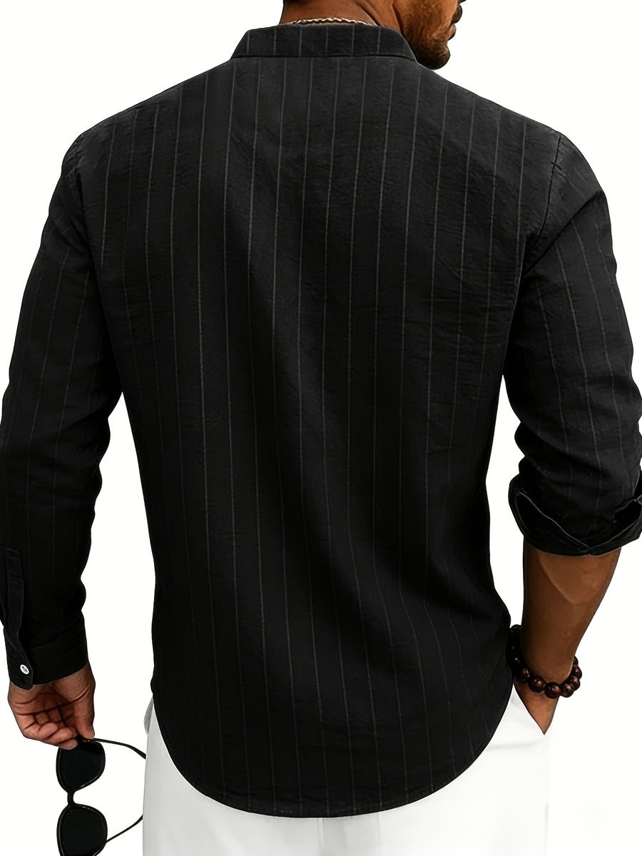 American Spring and Summer Linen Jacquard Striped Loose Casual Stand Collar Long Sleeved Pocket Men's Commuting Trend Shirt - Black