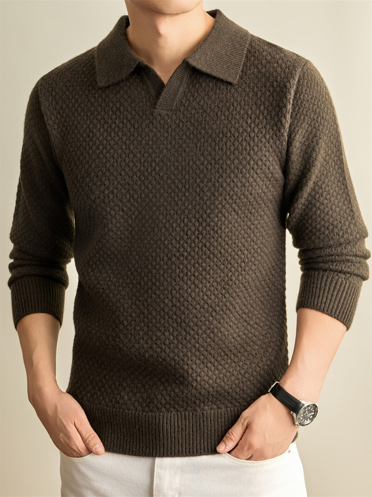 Autumn Winter Knit 3D Solid Color Lapel Polo Sweater, Basic Knit Pullover Top for Men, Fashionable Long Sleeve Sweater, Size S - Brown