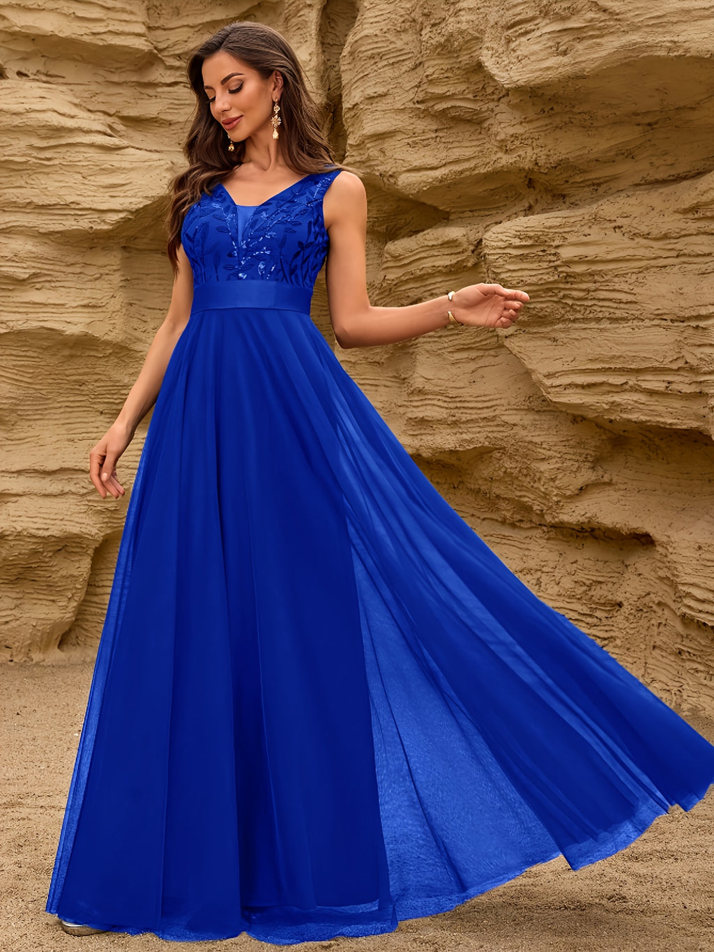 Fashionable Sexy New Women'S Sequin Mesh Patchwork A-Line Party Dress - Royal Blue