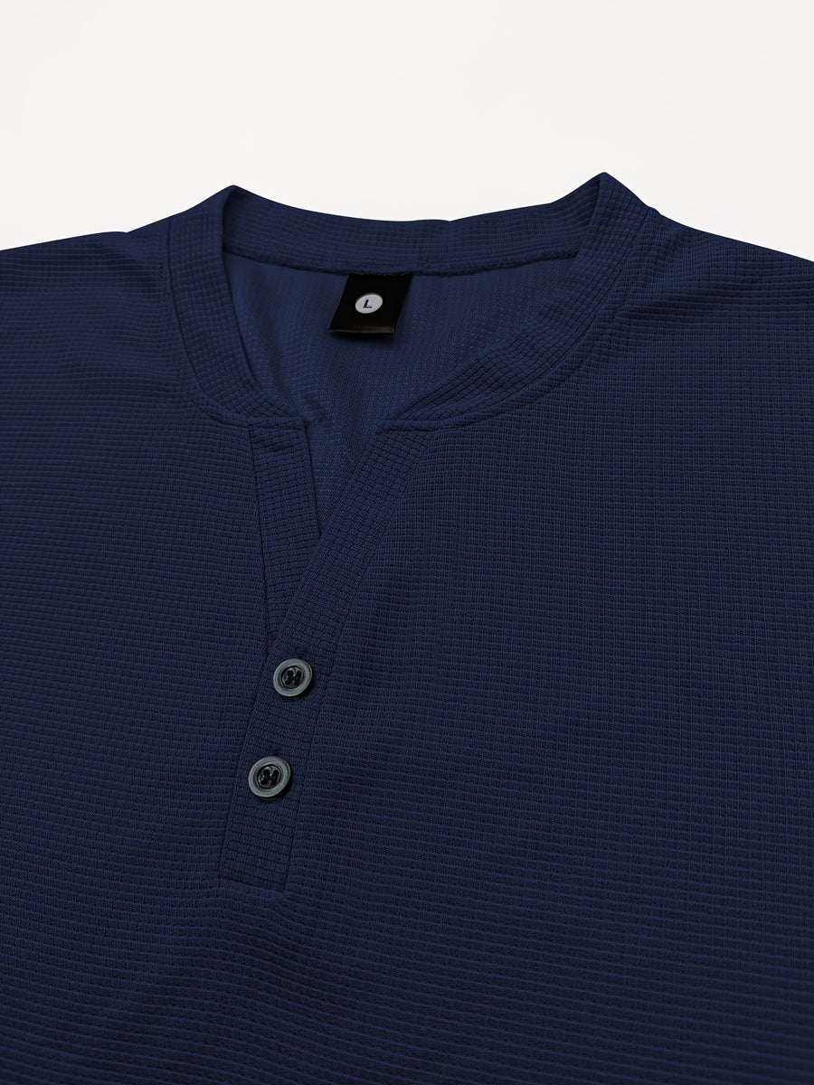 Pearson OBM Men's Henley Short Sleeve T-Shirt - Breathable Waffle Knit Summer Casual Tee with Button Front, Solid Color Round Neck, Machine Washable for Outdoor & Casual Attire, Stylish Button Detail, Lightweight Fabric, Easycare Material - Navy Color