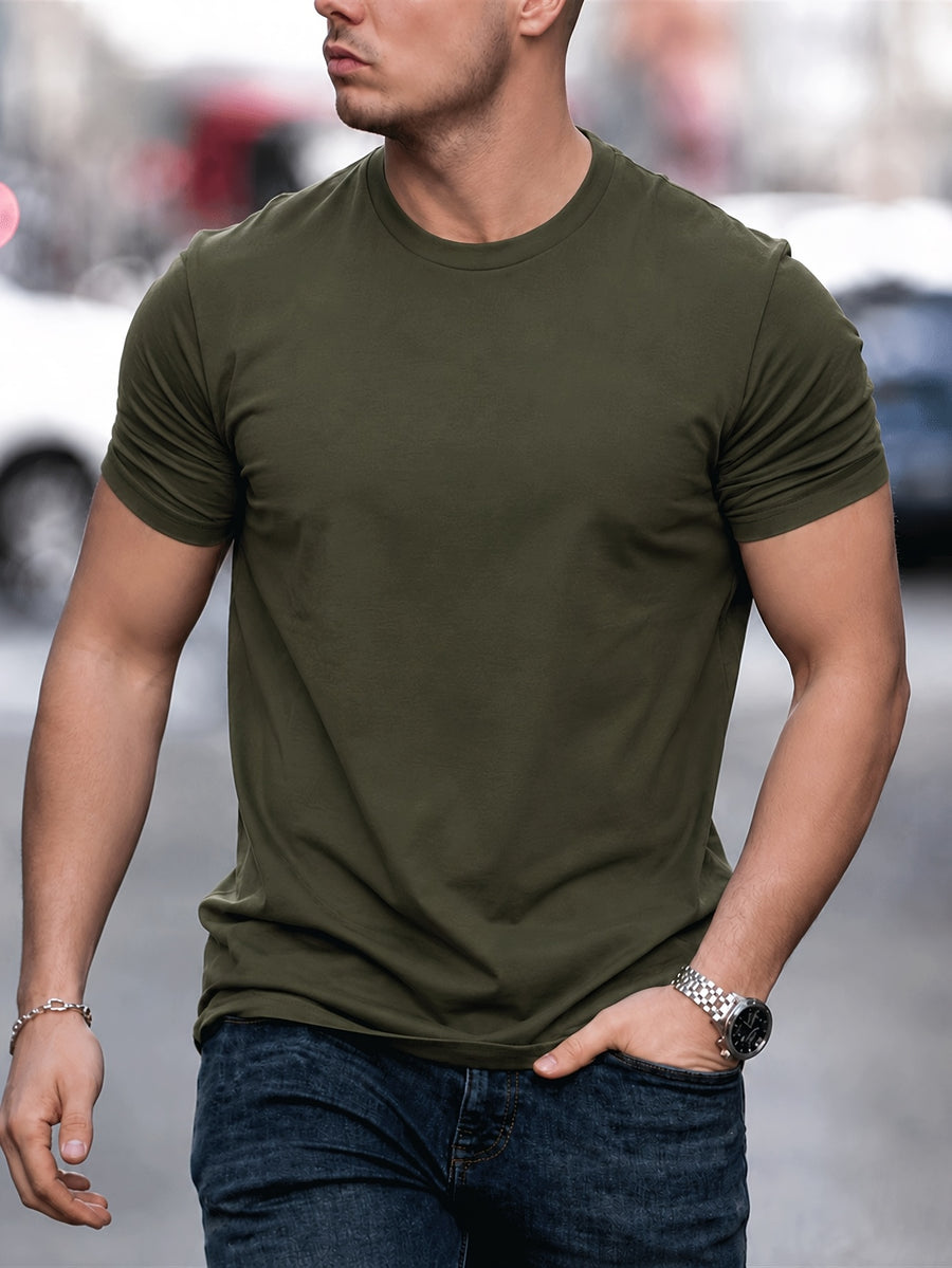 2pcs Men'S Round Neck Short Sleeve Top Set, Round Neck Solid Color Easy Style Soft -Like Fabric Basic Wearable Non-Picky Matching Daily Replacement Base Short Sleeve Top Suitable for Multi-Scene High-Frequency Replacement - dark gray + army green