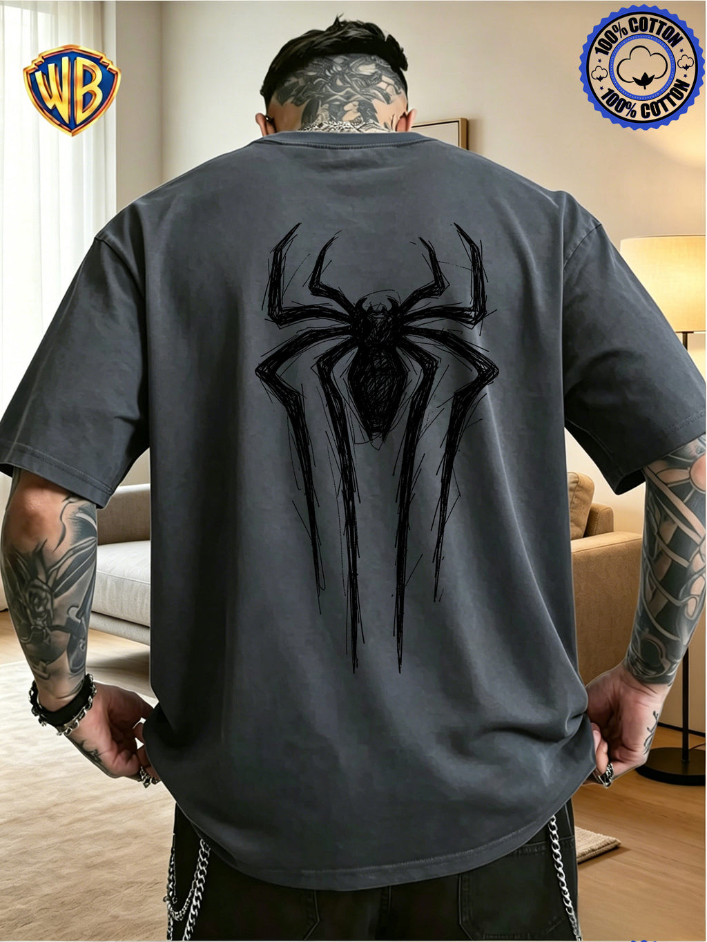 Unisex T-shirt Featuring a Niche Dark Aesthetic with Hand-painted Front and Back Dual-position Combination Prints, Creating a Low-key, Cool, Eye-catching, and Trendy Campus Style - Dark Gray