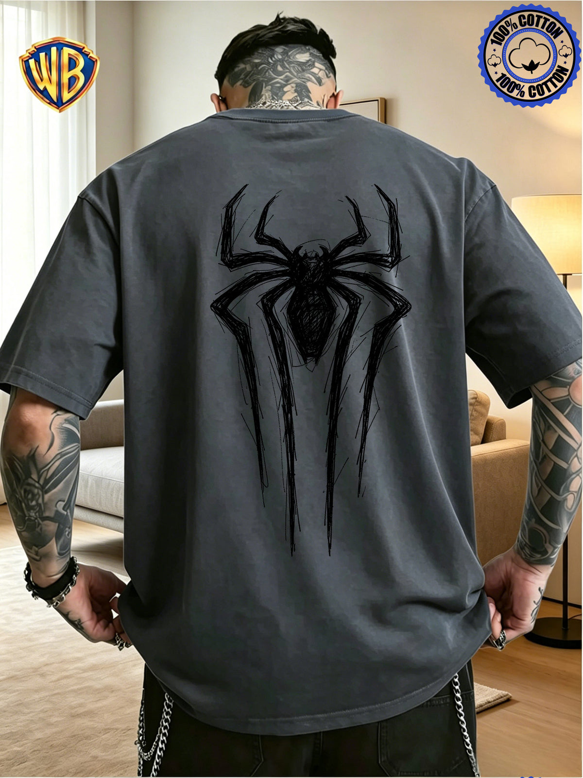 Unisex T-shirt Featuring a Niche Dark Aesthetic with Hand-painted Front and Back Dual-position Combination Prints, Creating a Low-key, Cool, Eye-catching, and Trendy Campus Style - Dark Gray