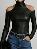 Women's Sexy Slim-Fit Black High-Neck Off-Shoulder Long-Sleeve Faux Top - Black