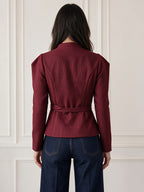 Women's Autumn/Winter Elegant Stand Collar Tweed Waist-Cinched Short Blazer, Single-Breasted Metal Button Slim Fit Commuter Short Jacket Top/Suit Jacket 9A13336 - Burgundy