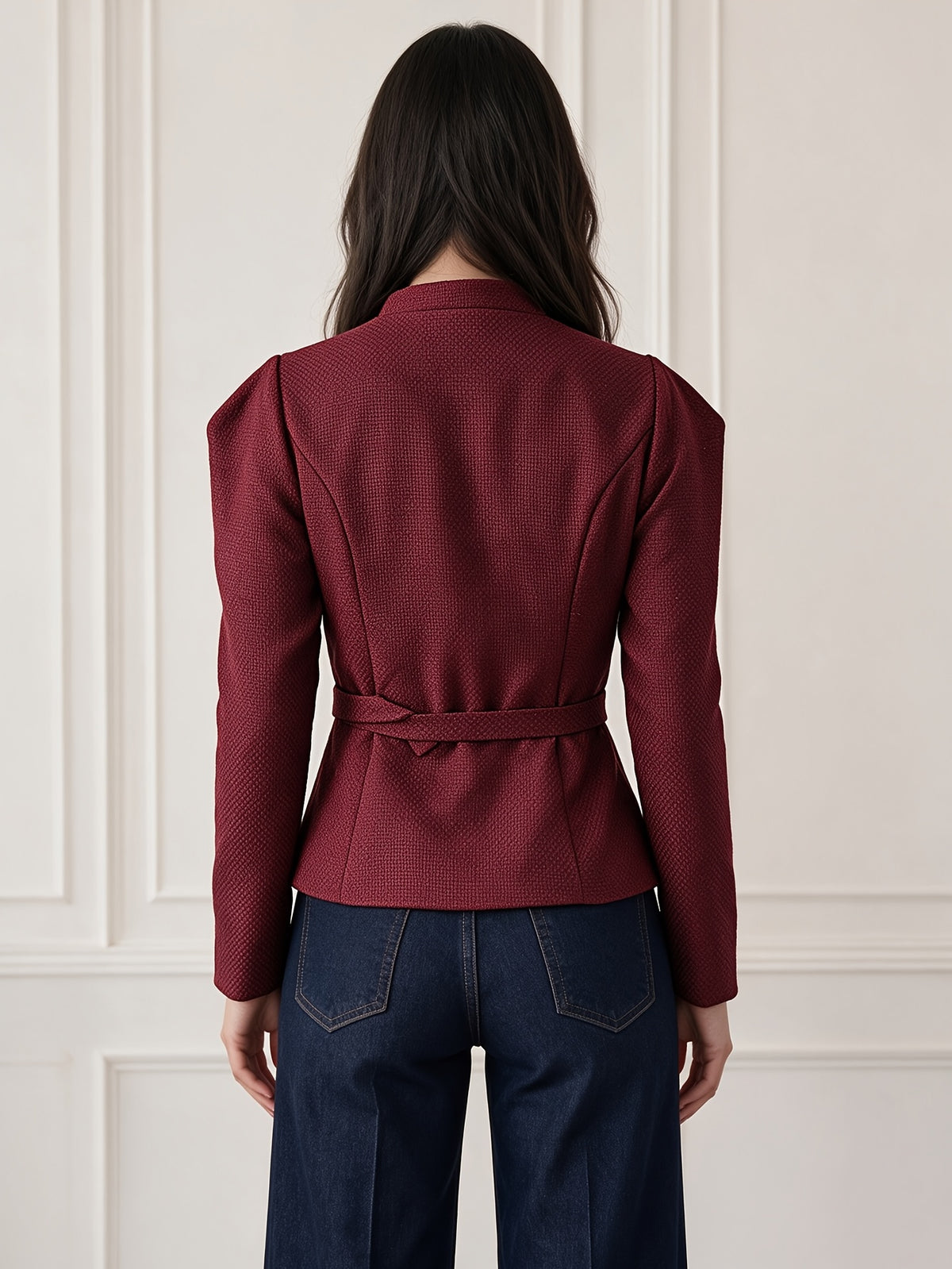 Women's Autumn/Winter Elegant Stand Collar Tweed Waist-Cinched Short Blazer, Single-Breasted Metal Button Slim Fit Commuter Short Jacket Top/Suit Jacket 9A13336 - Burgundy