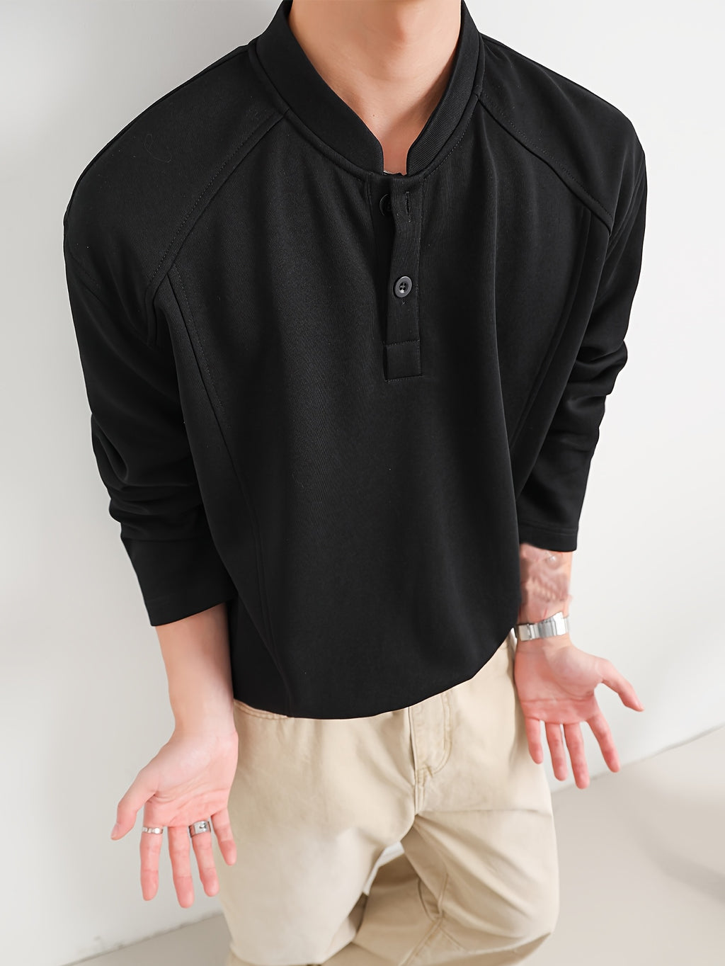 Men'S Casual Athletic T-Shirt, 1pc Men'S Fashion Trendy Casual Individual Patchwork Long Sleeve T-Shirt, Loose Fit Comfortable Slight Stretch Fabric, Blend Material, Suitable for Daily Casual Wear - Black