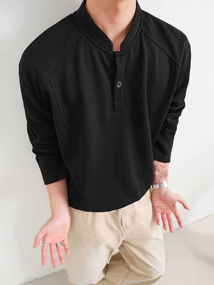Men'S Casual Athletic T-Shirt, 1pc Men'S Fashion Trendy Casual Individual Patchwork Long Sleeve T-Shirt, Loose Fit Comfortable Slight Stretch Fabric, Blend Material, Suitable for Daily Casual Wear - Black