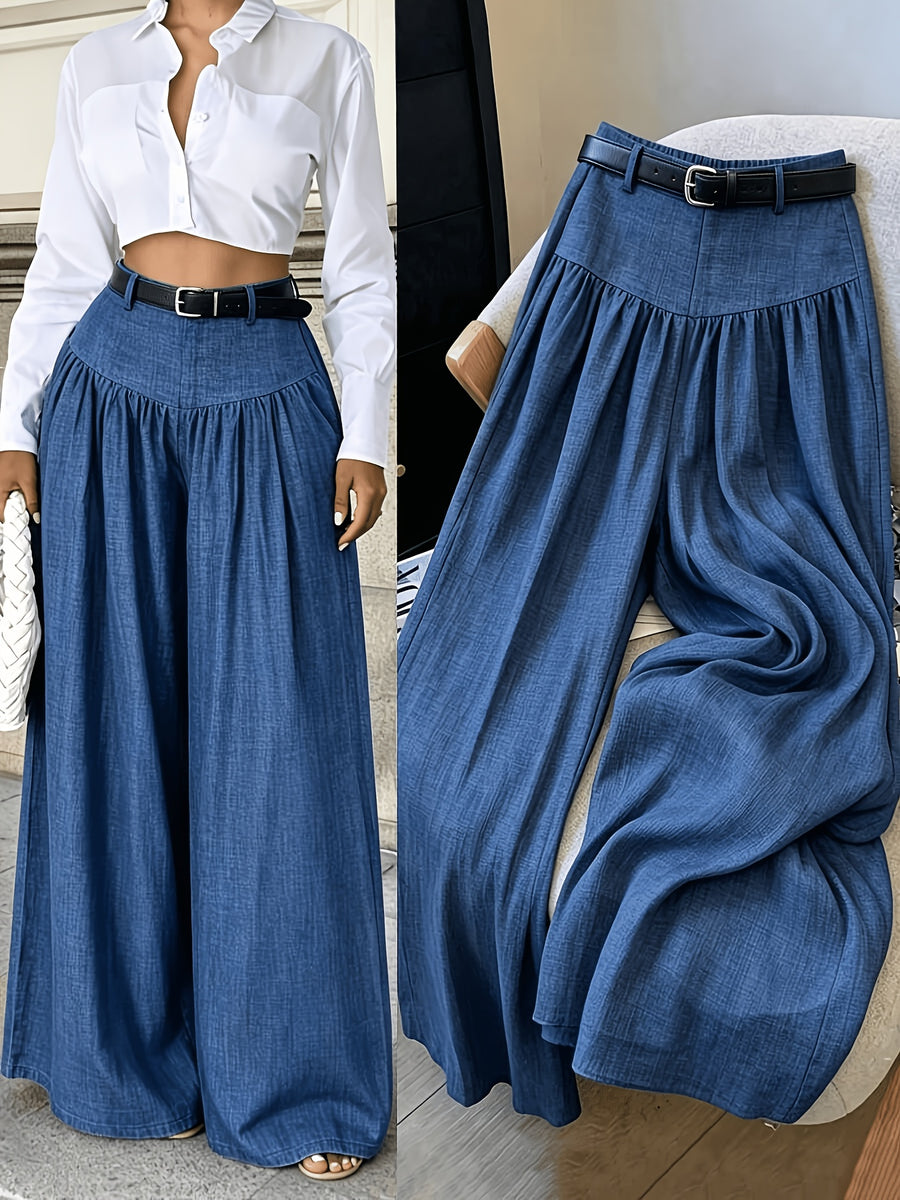 Elegant Flowy Wide Leg Pants - Textured Trousers Suitable for Work & Casual Wear, Solid Color Non-Stretch Wide-Leg Trousers, Machine Washable Year-Round -Compatible for Outfits (No Transparency) - Peacock Blue