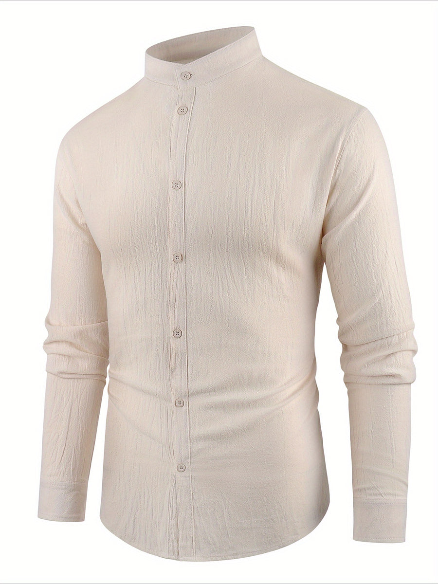 Men'S Casual Shirt Spring Summer Solid Color Dress Shirt Stand Collar Casual Lightweight Shirt Men'S Top - Khaki