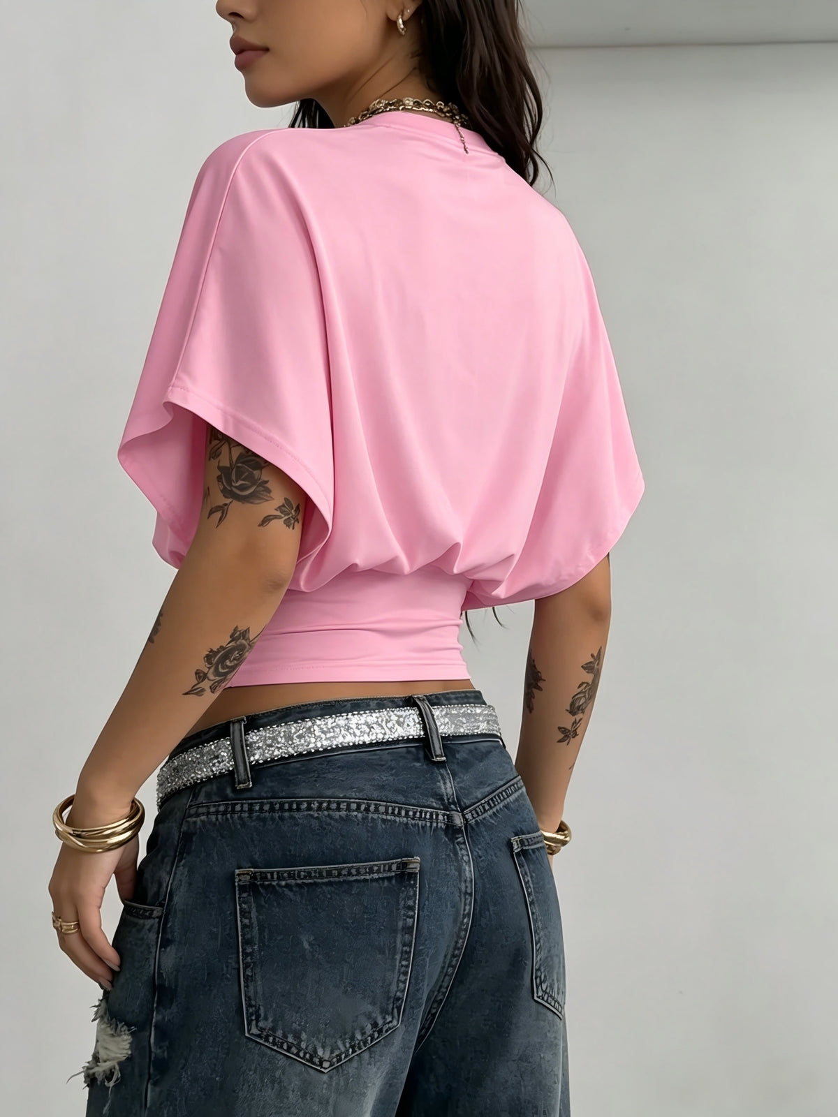 BK260403040 Women's Fashion Spring/Summer New Arrival, Stylish and Elegant, Solid Color No Print, Casual Versatile Waist-Cinching T-Shirt, Essential Basic Style—Suitable for Daily Spring/Summer Wear,, Beach, Vacation, and Home - Pink