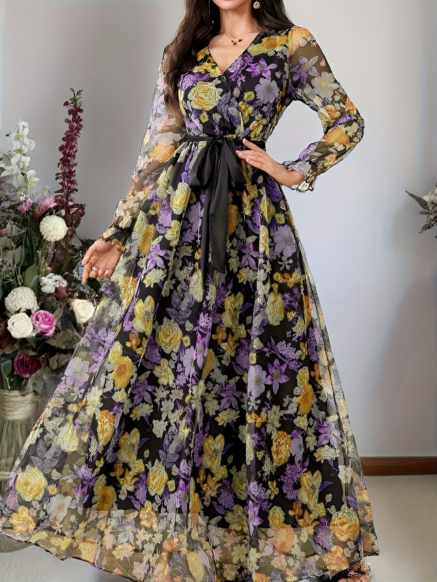 New elegant ladies cross collar lantern long sleeve waist oversized swing floral fashion mesh print romantic holiday maxi dress - Yellow