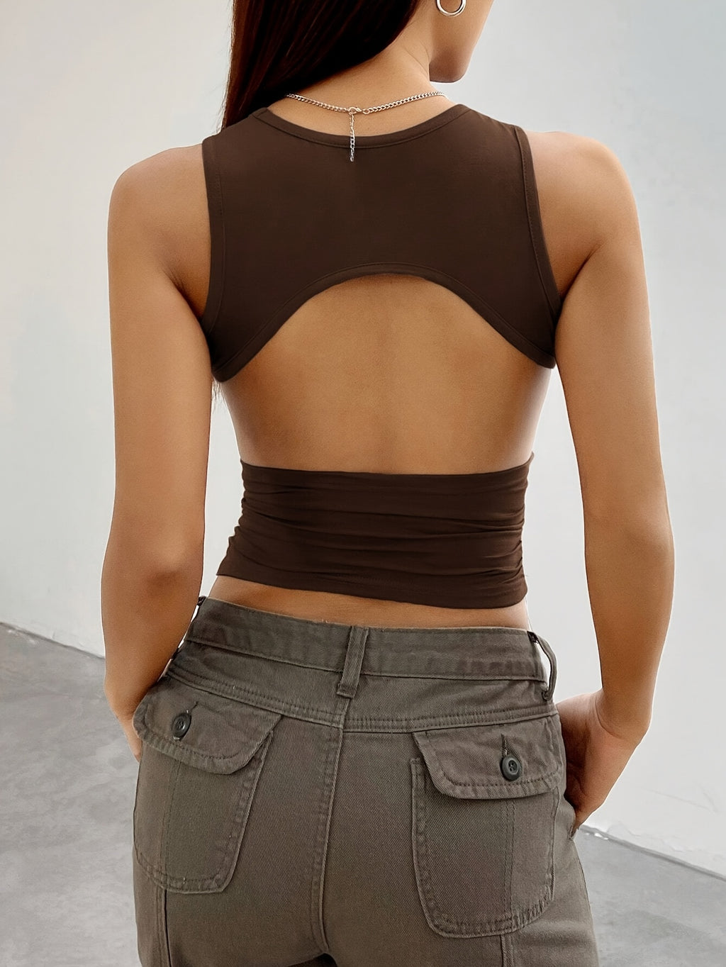 Women's Elegant Backless Sleeveless Knit Vest - High Elasticity Round Neck Solid Color Stretchy Top, Machine Washable for Spring Summer Fall Casual & Formal Wear, Easycare Clothing - Olive Brown