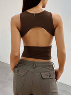 Women's Elegant Backless Sleeveless Knit Vest - High Elasticity Round Neck Solid Color Stretchy Top, Machine Washable for Spring Summer Fall Casual & Formal Wear, Easycare Clothing - Olive Brown