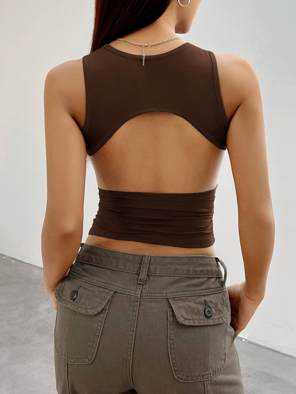 Women's Elegant Backless Sleeveless Knit Vest - High Elasticity Round Neck Solid Color Stretchy Top, Machine Washable for Spring Summer Fall Casual & Formal Wear, Easycare Clothing - Olive Brown