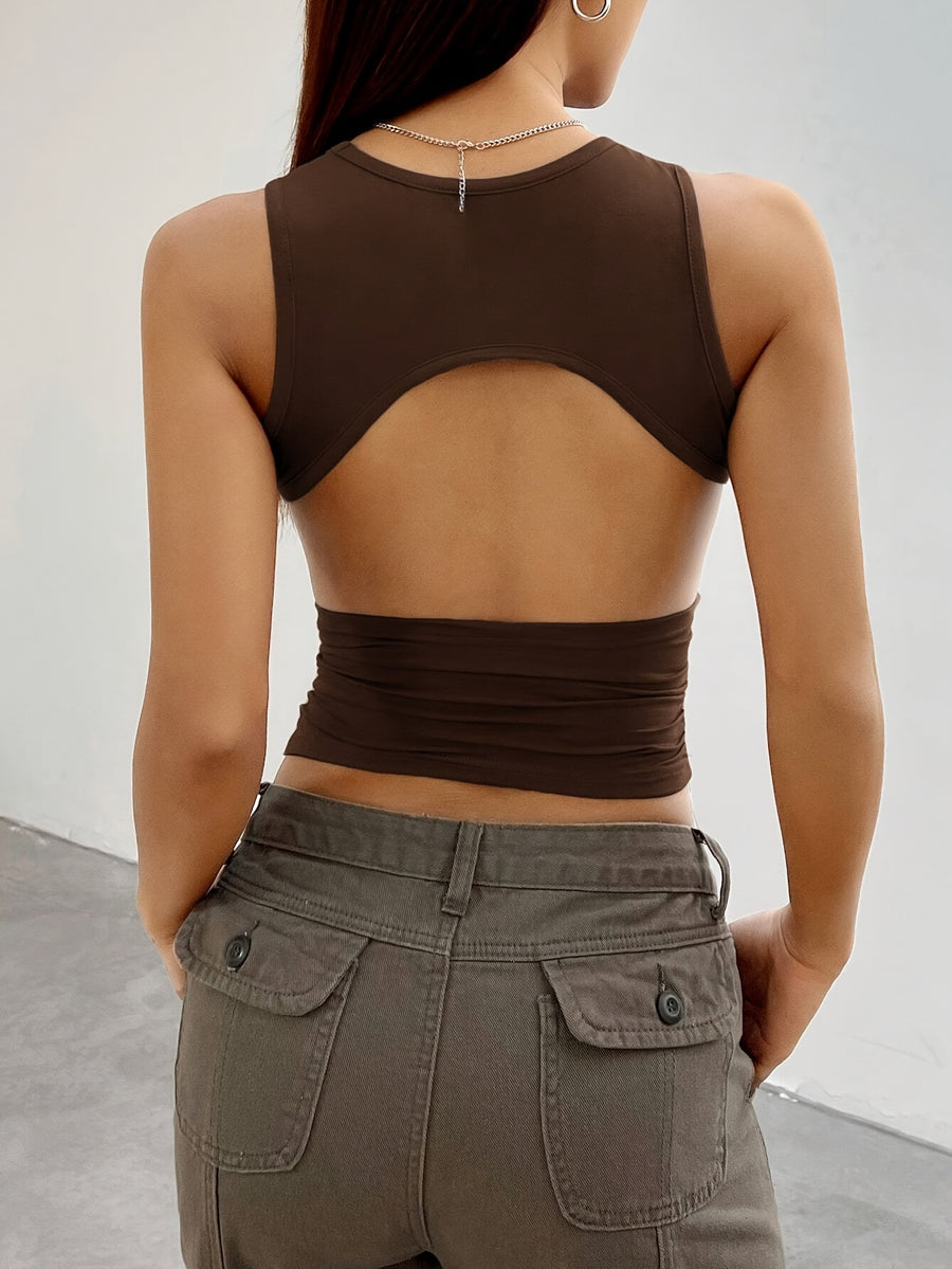 Women's Elegant Backless Sleeveless Knit Vest - High Elasticity Round Neck Solid Color Stretchy Top, Machine Washable for Spring Summer Fall Casual & Formal Wear, Easycare Clothing - Olive Brown