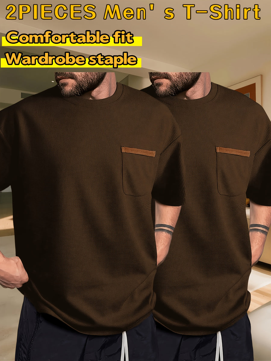 Men's Waffle-Knit Short Sleeve T-Shirt - Breathable Base Layer & Casual Round Neck Pocket Tee, Solid Color Suitable for Gym, Casual Attire, Machine Washable, Spring/Summer Layering Shirt, High-Fit Rate for Lifestyles - Brown + Brown