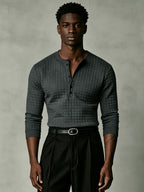 Joshmei OBM New Men's Checkered Embossed Texture Henley Long-Sleeve Shirt, Half-Button Placket Textured Minimalist Casual Top, Autumn/Winter Slim Fit for Daily Commute and Streetwear, Multiple Colors Available - Dark Gray