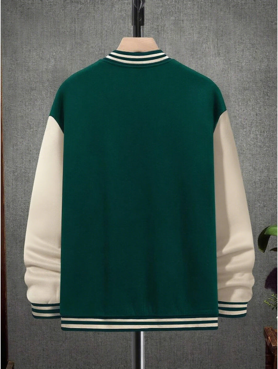 This Black And Gray Patchwork Baseball Jacket Features a Button Closure Design, with Black And White Striped Accents at The Collar And Cuffs. It Showcases Prominent Letter Prints And English Text Elements on The Chest - Green & White
