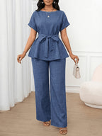 [Printed Pants - Not Denim Fabric]Temperament Commuter Waist-Cinching Tie-Up Two-Piece Set, Ruffled Short Sleeve Top And Wide-Leg Pants, Faux Denim Blue High-Waist Outfit, Lightly Mature Faux Denim-Inspired Set - Navy blue color