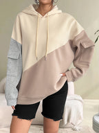 Color Block Fleece Loose Hooded Drawstring Sweatshirt with Pocket on The Arm - Khaki