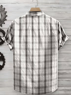 Men's Summer Casual Texture Checkered Short Sleeve Loose Fit Outdoor Trendy Fashion Front Closure Flap Collar Shirt - White