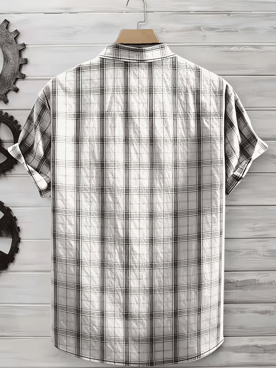 Men's Summer Casual Texture Checkered Short Sleeve Loose Fit Outdoor Trendy Fashion Front Closure Flap Collar Shirt - White