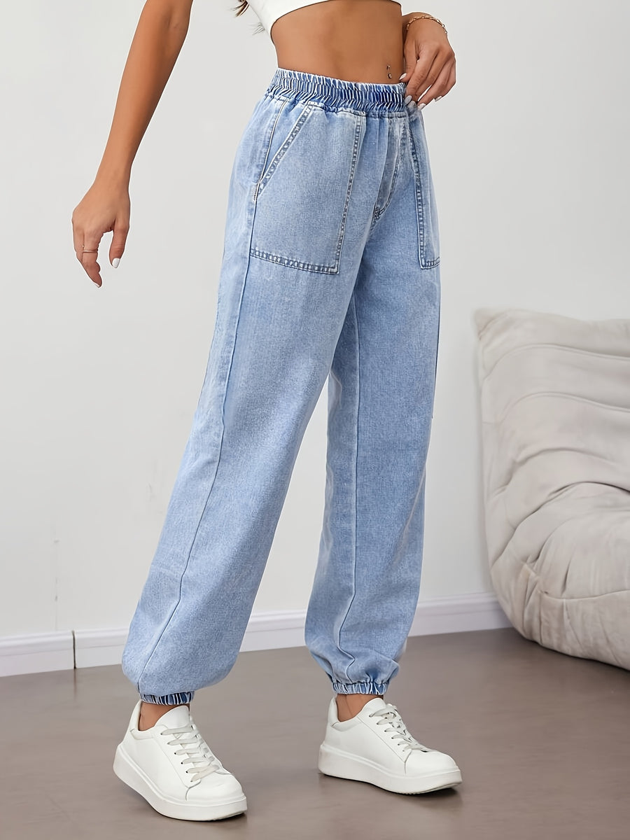 2026 Spring/Summer New Soft Denim Jogger Pants, Fashionable Women's Hot Outfit, Light Blue High-Waisted Elastic Waistband Cargo Harem Pants, Loose Fit Casual Women's Jeans, Large Pocket Waistband with Built-in Elastic Band Denim Long Pants - Light Blue