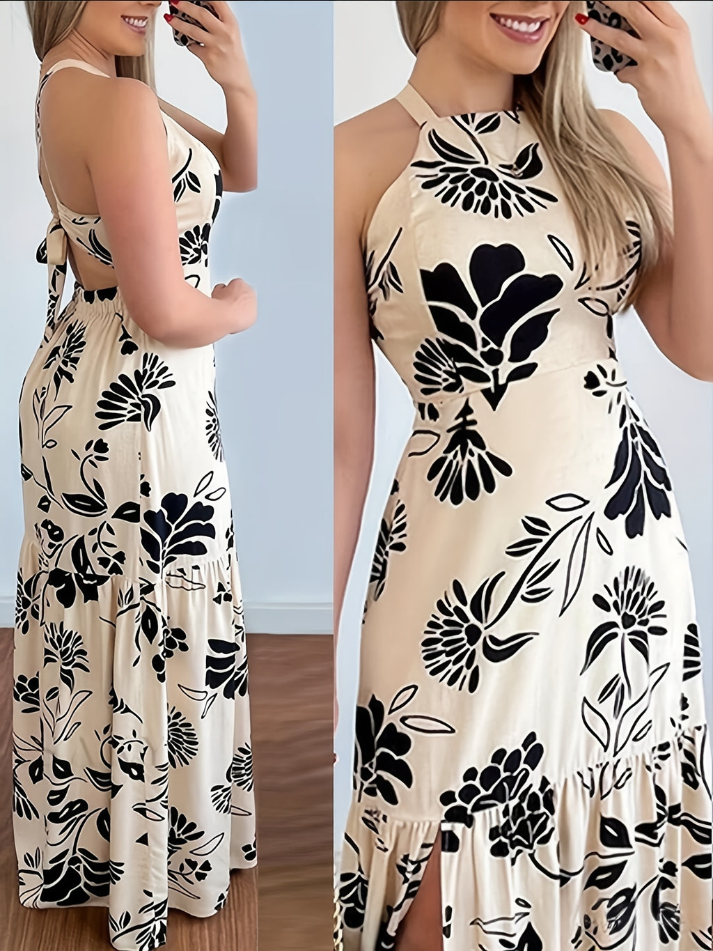 Elegant Women'S Floral Long Dress with a Backless Design, Sleeveless Straps, Perfect for Summer Beach Casual Wear with Full-Body Prints - Apricot