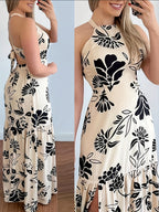 Elegant Women'S Floral Long Dress with a Backless Design, Sleeveless Straps, Perfect for Summer Beach Casual Wear with Full-Body Prints - Apricot