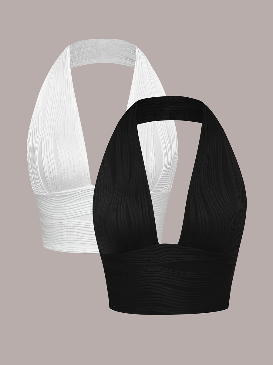 Solid Color Backless Crop Top Sexy Halter Neck Top Two-Pack, Elegant Women's Crop Top, Casual and Elegant Beach Outing Women's Vacation Wear, Sleeveless Tank Top, Camisole Tank Top, Summer Clothing, New Summer Arrivals - Mixed colors